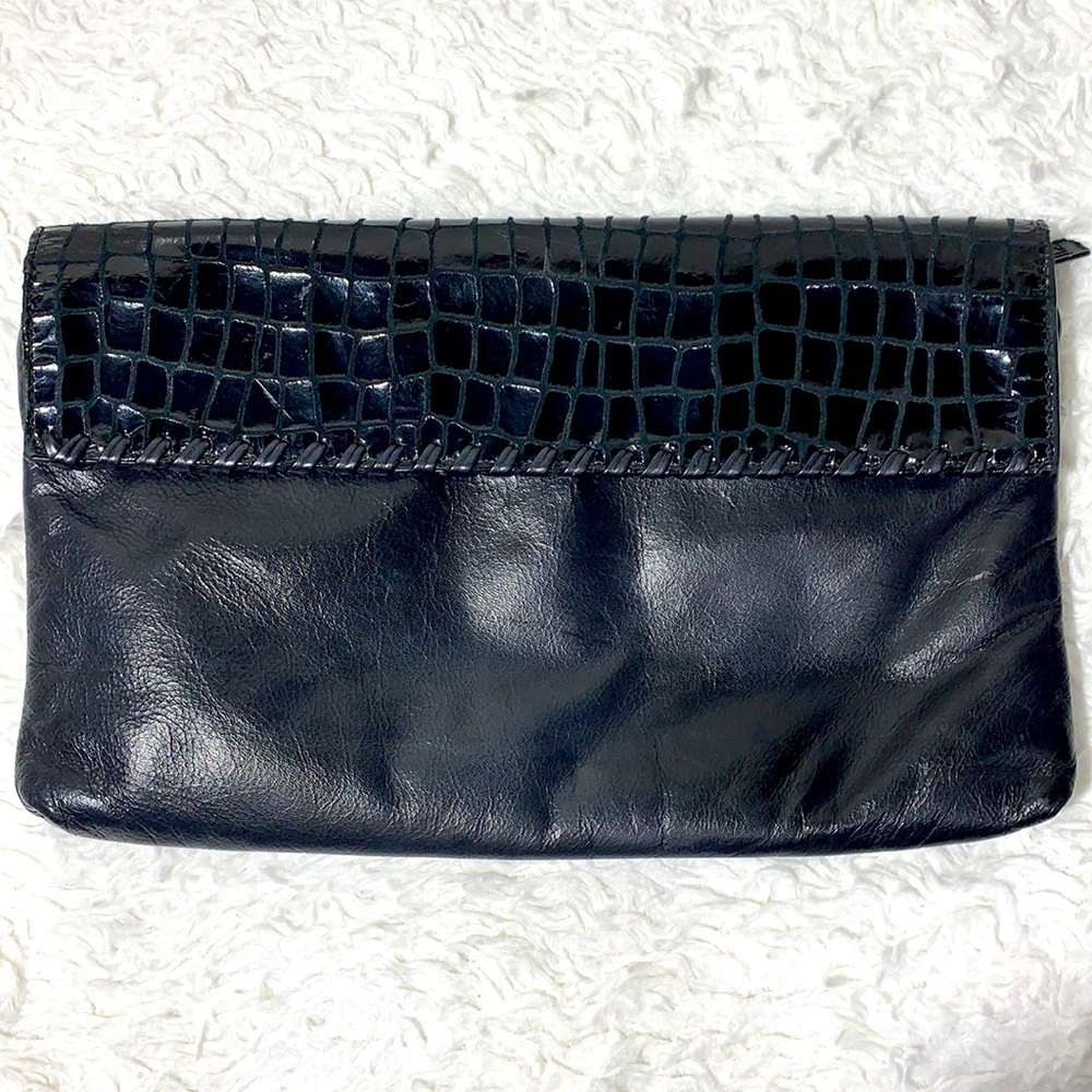 BAGS BY PINKY BLACK CLUTCH REPTILE FLAP SOFT LEATHER MADE IN USA
